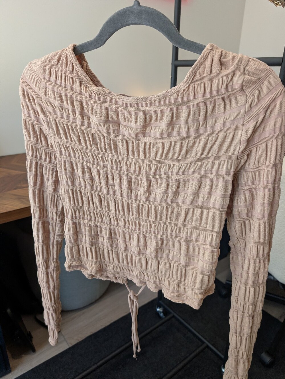 Free People Nude Ruched Long-Sleeve Crop Top